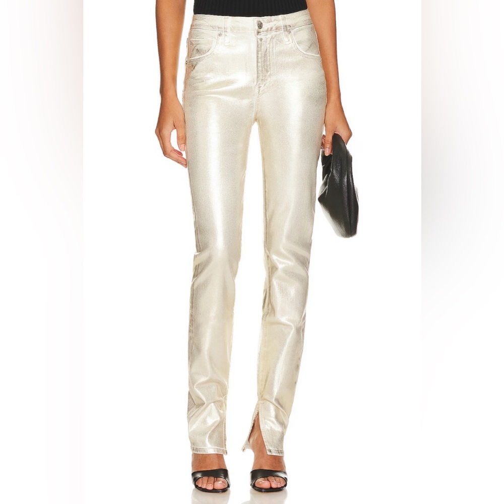 Simkhai Rae High Rise Skinny Ankle Slit Jeans in Gold Foil SIZE 28